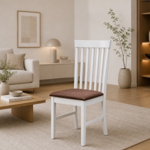 Set masa living extensibila Miami, MDF, lemn masiv, 120 150 x 80 x 73.8 cm si 6 scaune, lemn masiv Glendale, stofa,100 kg, 93x49x41.5 cm, alb maro - Img 3