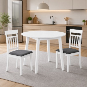 Set masa living plianta Philadelphia, MDF, lemn masiv, rotunda, 55 90 x 90 x 74,8 cm si 4 scaune Hudson, tapiterie stofa,94x50x42 cm, alb gri - Copie