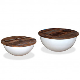 Set măsuțe cafea, 2 piese, lemn masiv reciclat, alb, formă bol - Img 2