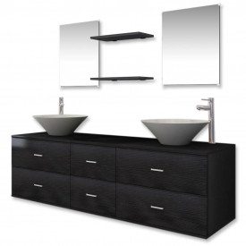 Set mobilier baie 9 piese cu chiuvete și robinete incluse, Negru - Img 2