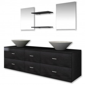 Set mobilier baie format din 7 piese cu chiuvete incluse, Negru - Img 2