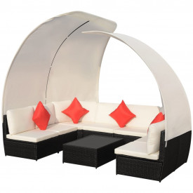Set mobilier de grădină cu baldachin, 9 piese, negru, poliratan - Img 2