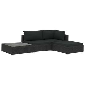 Set mobilier de grădină cu perne, 4 piese, negru, poliratan