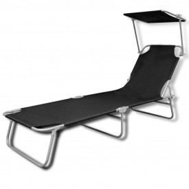 Șezlong pliabil cu protecție solară 189 x 58 x 27 cm, Negru - Img 2