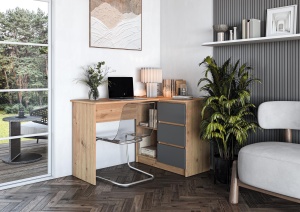 Birou pe colt HM Bega, blat PAL, 3 sertare, 2 rafturi, design modern, stejar artizanal antracit