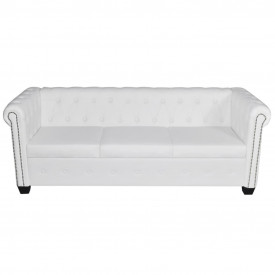 Canapea Chesterfield cu 3 locuri, piele artificială, alb - Img 2