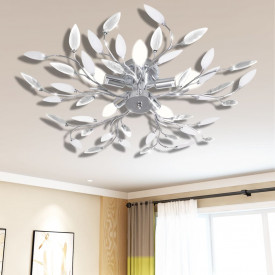 Lustră cristale acrilice formă frunze, transparent & alb, 5 becuri E14