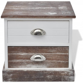 Noptiere shabby chic din lemn, 2 buc, maro și alb - Img 3