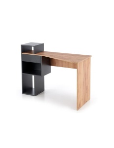 Set birou HM Conti, rafturi, sertar, PAL melaminat, 122x57x90 cm, stejar gri si scaun pentru copii HM Coco, piele ecologica, inaltime reglabila, 80 kg, Alb - Img 2