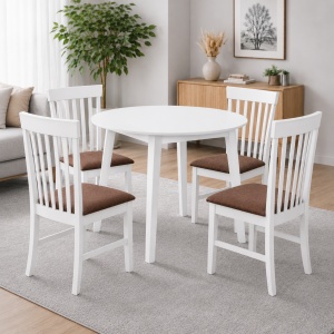 Set masa living plianta Philadelphia, MDF, lemn masiv, rotunda, 55 90 x 90 x 74,8 cm si 4 scaune Glendale, stofa,100 kg, 93x49x41.5 cm, alb maro - Img 2