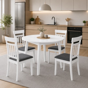 Set masa living plianta Philadelphia, MDF, lemn masiv, rotunda, 55 90 x 90 x 74,8 cm si 4 scaune Hudson, tapiterie stofa,94x50x42 cm, alb gri - Copie - Img 4