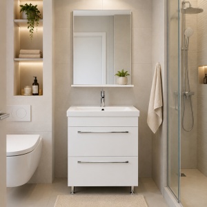 Set mobilier baie cu lavoar ceramic, GN0541, front MDF, 2 sertare, 60 cm, picioare cromate reglabile si oglinda baie cu polita GN0551, dreptunghiulara, PAL, alb - Img 4