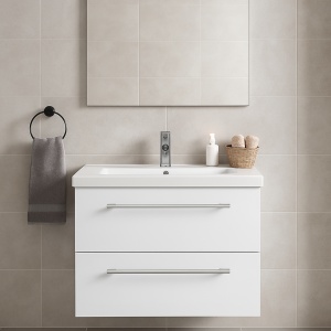 Set mobilier baie suspendat, cu lavoar ceramic, GN0541, front MDF, 60 cm, 2 sertare, glisiere soft close si oglinda cu polita GN0551, dreptunghiulara, PAL, alb - Img 2
