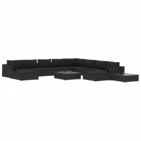 Set mobilier de grădină cu perne, 12 piese, negru, poliratan