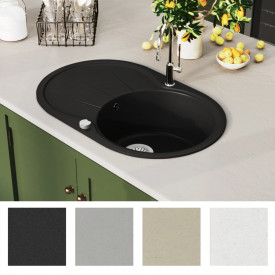 vidaXL Chiuvetă de bucătărie din granit, cu un bazin, oval, negru - Img 3