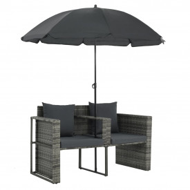 vidaXL Set canapea 2 locuri de exterior, cu umbrelă, poliratan, gri - Img 3