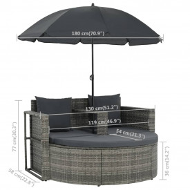vidaXL Set canapea 2 locuri de exterior, cu umbrelă, poliratan, gri - Img 8