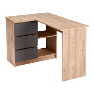 Birou pe colt HM Bega, blat PAL, 3 sertare, 2 rafturi, design modern, stejar artizanal antracit - Img 2