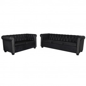 Canapea Chesterfield cu 2 și 3 locuri, piele artificială, negru