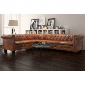 Canapea colțar Chesterfield, 6 locuri, piele artificială, maro
