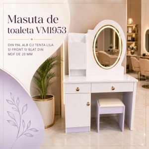 Masuta de toaleta VM1953 cu oglinda LED ovala, 100 cm, alb lila