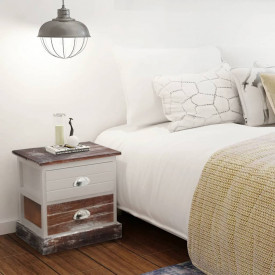 Noptiere shabby chic din lemn, 2 buc, maro și alb