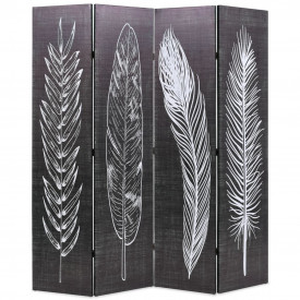 Paravan cameră pliabil, negru&amp;alb, 160 x 170 cm, imprimeu pene