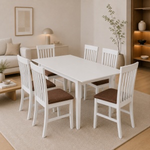 Set masa living extensibila Miami, MDF, lemn masiv, 120 150 x 80 x 73.8 cm si 6 scaune, lemn masiv Glendale, stofa,100 kg, 93x49x41.5 cm, alb maro