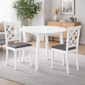 Set masa living plianta Philadelphia, MDF, lemn masiv, rotunda, 55 90 x 90 x 74,8 cm si 4 scaune Vienna, tapiterie stofa, 94x49x40 cm, alb - Img 2
