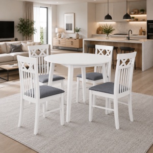 Set masa living plianta Philadelphia, MDF, lemn masiv, rotunda, 55 90 x 90 x 74,8 cm si 4 scaune Rebecca, tapiterie stofa,100 kg, 94x49x43.5 cm, alb gri