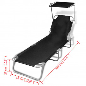 Șezlong pliabil cu protecție solară 189 x 58 x 27 cm, Negru - Img 7