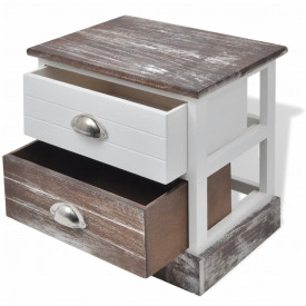 Noptiere shabby chic din lemn, 2 buc, maro și alb - Img 4