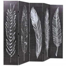 Paravan cameră pliabil, negru&amp;alb, 200 x 170 cm, imprimeu pene - Img 2