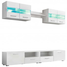 Set comodă TV de perete, 5 piese, lumini LED, alb lucios - Img 2