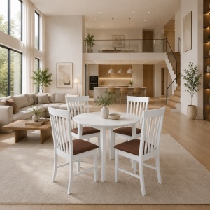 Set masa bucatarie Sophia, MDF, rotunda, 90x74 cm si 4 scaune Glendale, stofa,100 kg, 93x49x41.5 cm, alb maro