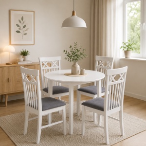 Set masa bucatarie Sophia, MDF, rotunda, 90x74 cm si 4 scaune Rebecca, tapiterie stofa,100 kg, 94x49x43.5 cm, alb gri