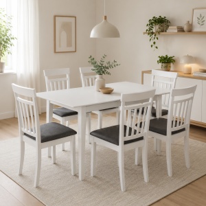 Set masa living extensibila Miami, MDF, lemn masiv, 120 150 x 80 x 73.8 cm si 6 scaune, lemn masiv Hudson, tapiterie stofa,100 kg, 94x50x42 cm, alb gri