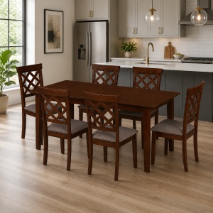 Set masa living extensibila Miami, MDF, lemn masiv, 120 150 x 80 x 73.8 cm si 6 scaune Vienna, tapitat stofa, 94x49x40 cm, nuc maro