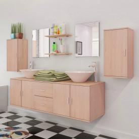 Set mobilier baie format din 9 piese cu chiuvete incluse, Bej - Img 4