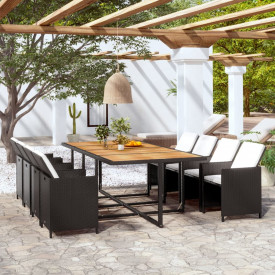 Set mobilier de exterior 37 piese, poliratan și acacia, negru