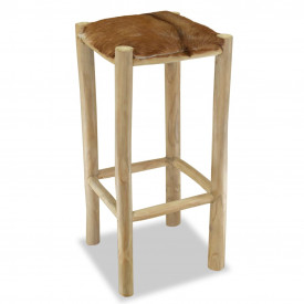 Taburet de bar, piele naturală, lemn de tec, pătrat - Img 4