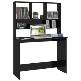 Birou cu rafturi, negru extralucios, 110x45x157 cm, PAL - Img 2