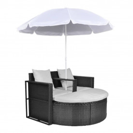Mobilier grădină din poliratan cu parasolar, Negru - Img 2