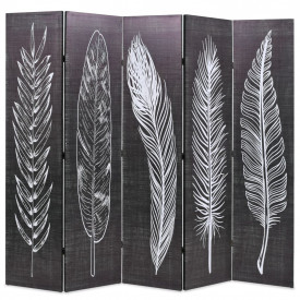 Paravan cameră pliabil, negru&amp;alb, 200 x 170 cm, imprimeu pene