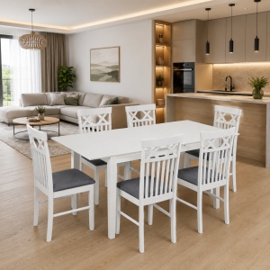 Set masa living extensibila Miami, MDF, lemn masiv, 120 150 x 80 x 73.8 cm si 6 scaune Rebecca, stofa,100 kg, 94x49x43.5 cm, alb gri