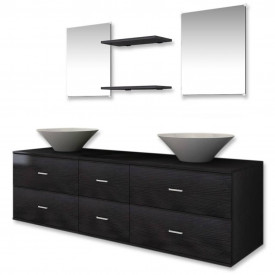 Set mobilier baie 9 piese cu chiuvete și robinete incluse, Negru - Img 4