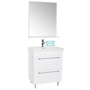 Set mobilier baie cu lavoar ceramic, GN0541, front MDF, 2 sertare, 60 cm, picioare cromate reglabile si oglinda baie cu polita GN0551, dreptunghiulara, PAL, alb