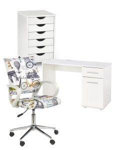 Set mobilier birou copii HM Lima B1, PAL lucios, spatii depozitare, cu scaun HM Ibis Paris, stofa, 100 kg si dulapior rulant HM Simon 2, cu roti, front MDF, alb
