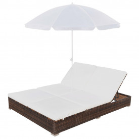 Șezlong cu umbrelă, poliratan, maro - Img 3