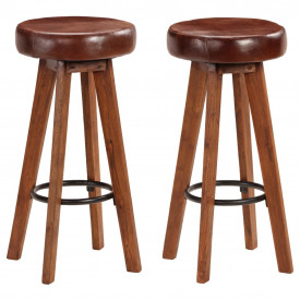 vidaXL Scaune bar 2 buc, 45x45x76 cm, lemn masiv acacia piele naturală - Img 1